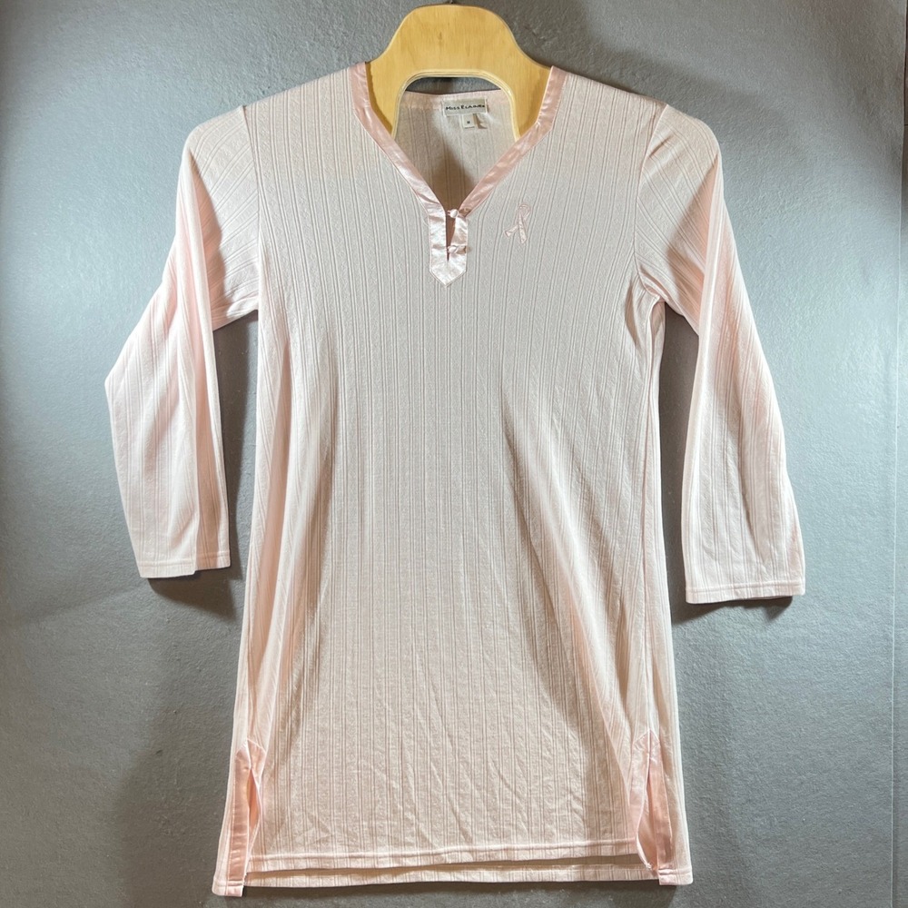 852‎ | Miss Elaine Pink Ribbon Ribbed Satin Trim Sleep Shirt Tunic Pink Womens M